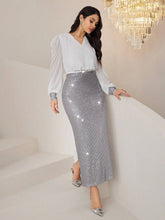 2pcs Women's Elegant Sequin Patchwork Long Sleeve Top And Skirt Set